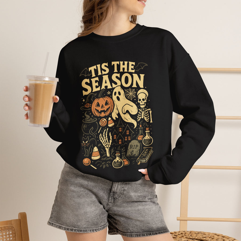 Halloween Crewneck Sweatshirt — 'Tis The Season' Ghost, Pumpkin & Skeleton Design
