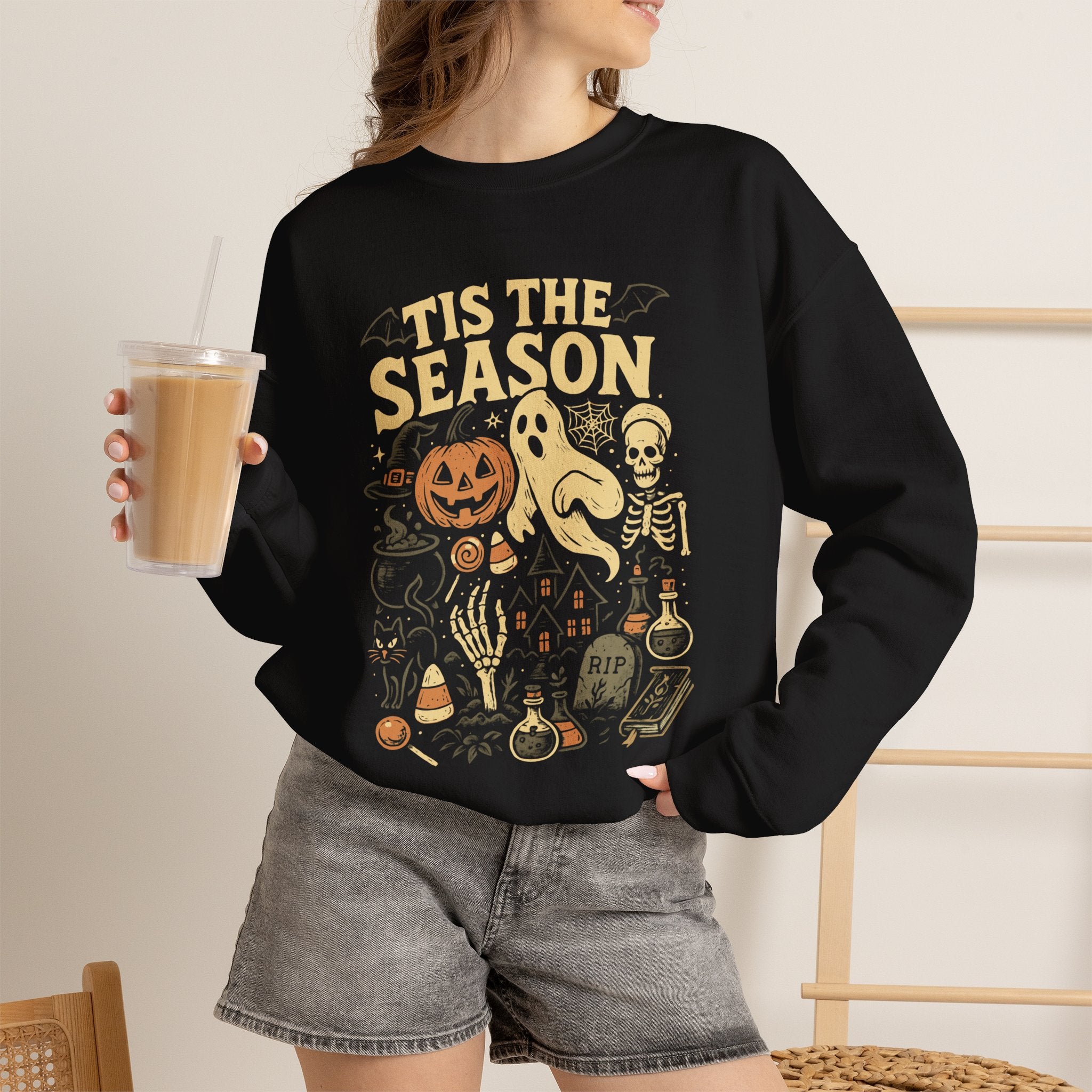 Halloween Crewneck Sweatshirt — 'Tis The Season' Ghost, Pumpkin & Skeleton Design